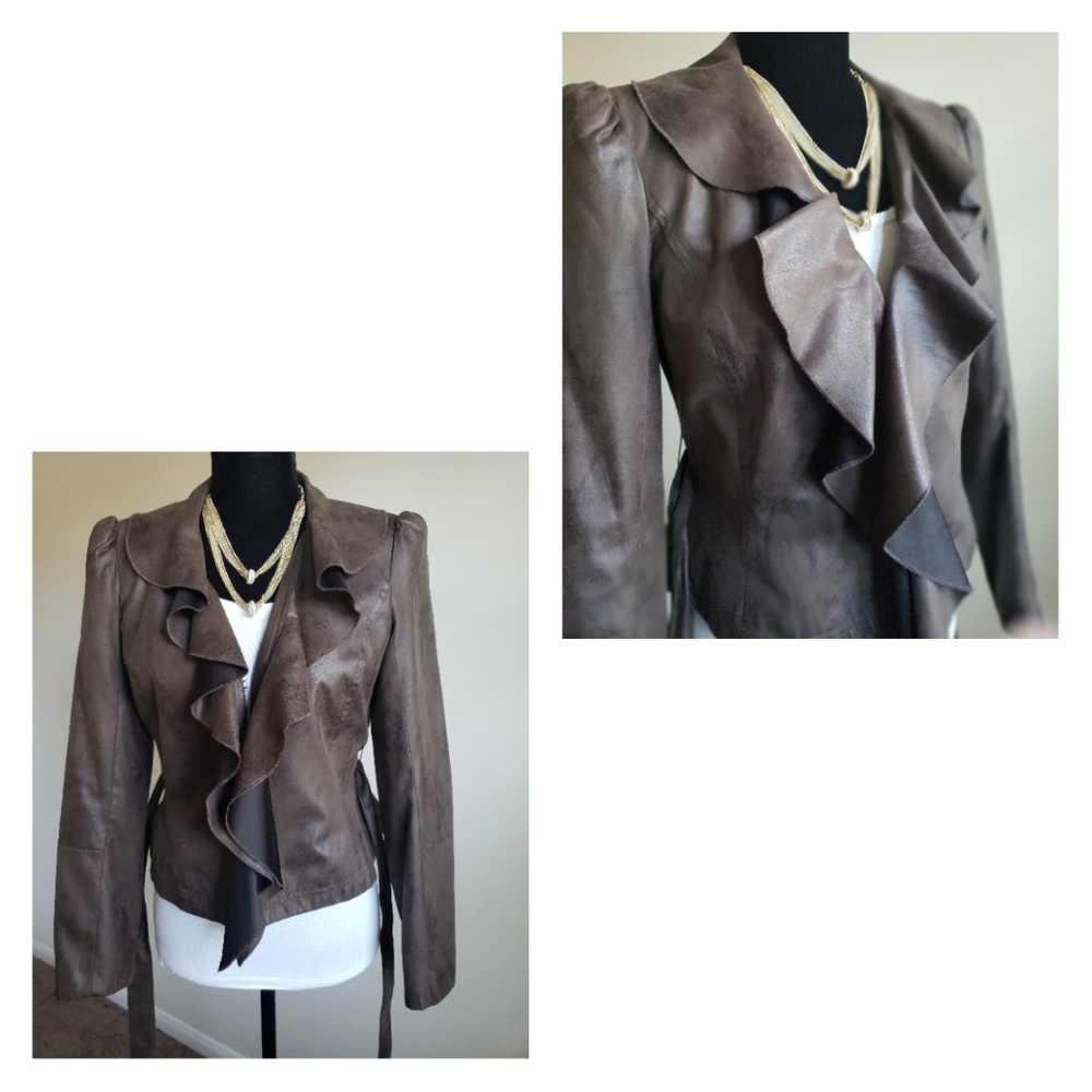 *2F25* Worthington Faux Leather Ruffle Blazer